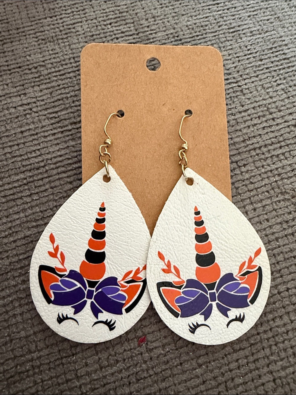 Handmade Unicorn Halloween Teardrop Earrings with Orange & Purple Accents